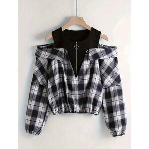 Chic Plaid Cold Shoulder Blouse – Stylish Quarter-Zip Long Sleeve Top